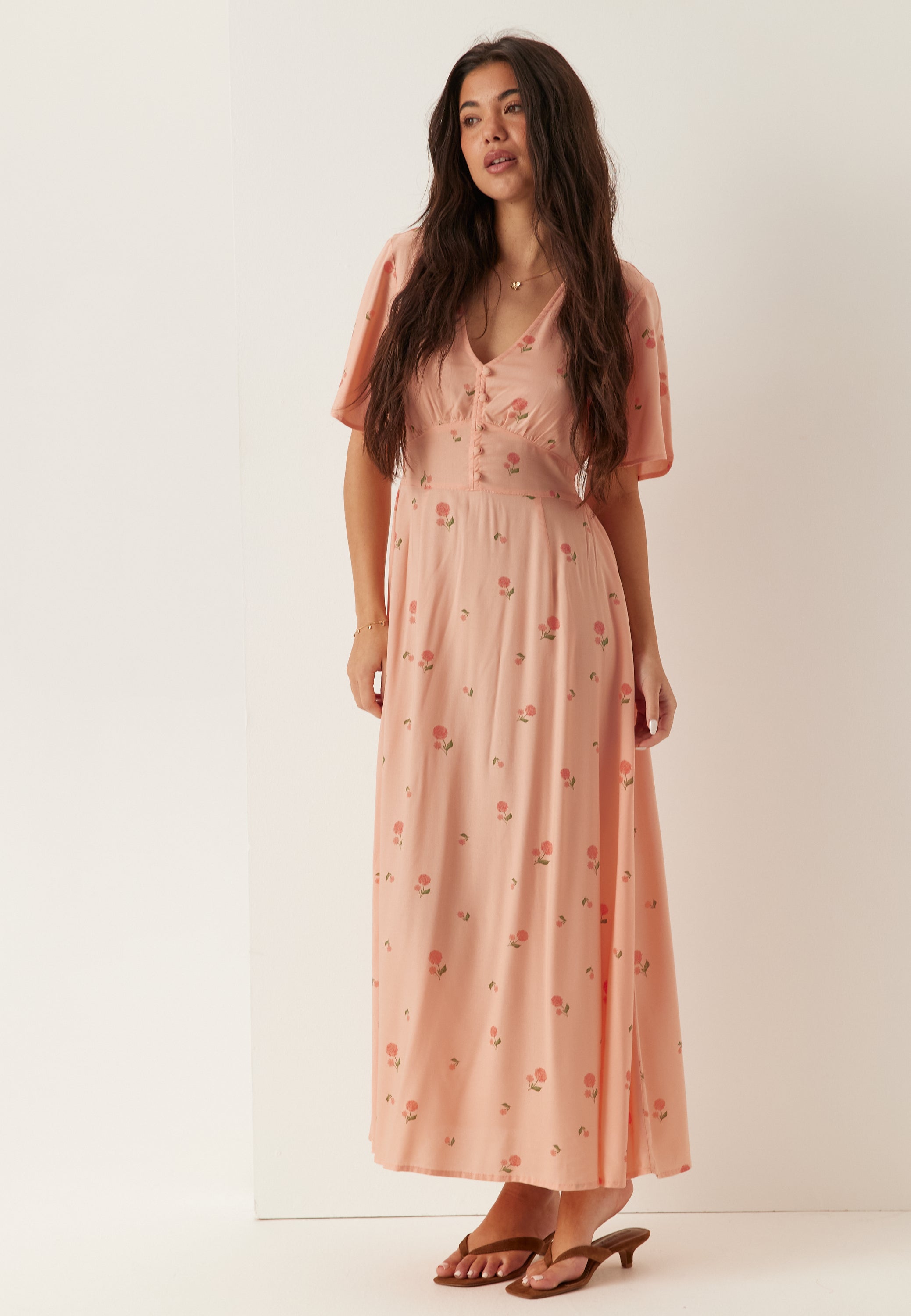 Bubbleroom – Butterfly Sleeve Viscose Maxi Dress – Dresses – Pink / Orange  / Patterned