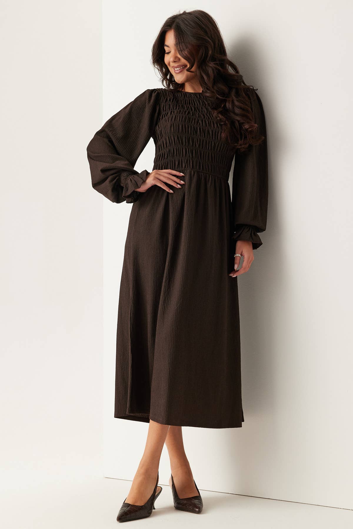 Bubbleroom – Structure Long Sleeve Midi Dress – Brown – Brown