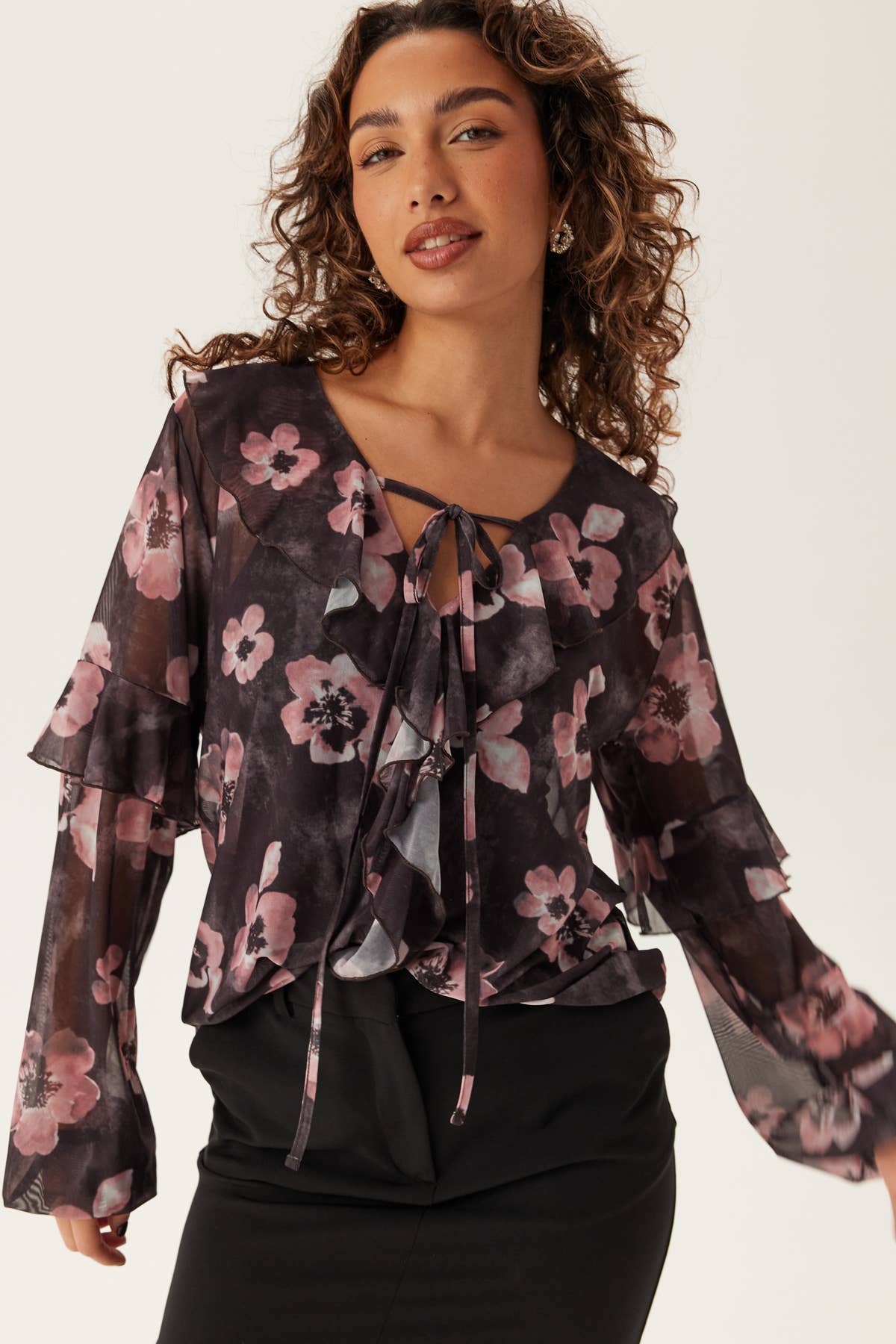 Mesh Fril Bubbleroom – Mesh Frill Top – Black – Black / Multi / Floral