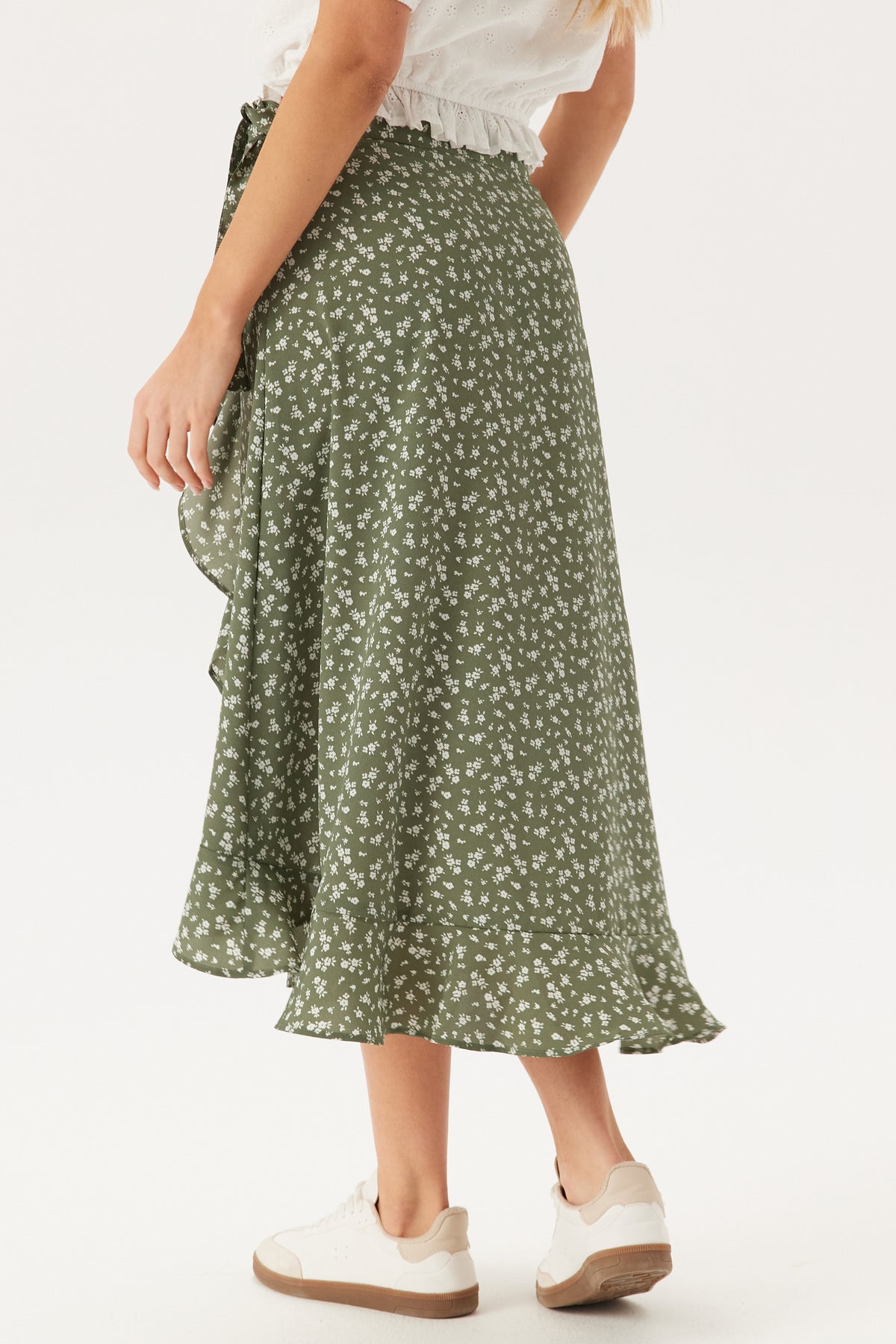 Front Wrap Viscose Skirt Khaki Green Patterned