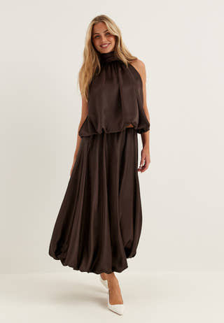 Bubble-Hem Satin Ankle Skirt