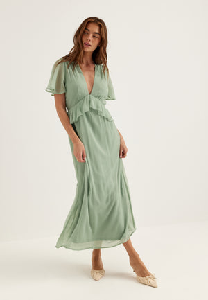Butterfly Sleeve Chiffon Ankle Dress