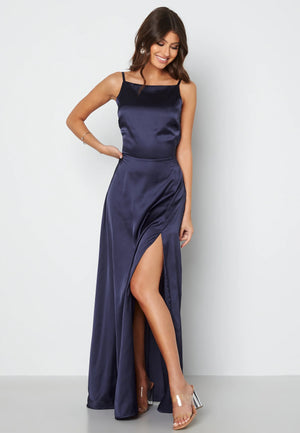 Drapy-Back Slit Satin Gown