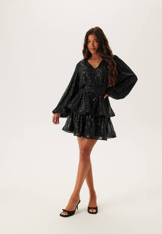 Flounce Balloon Sleeve Sequin Dress