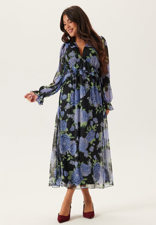 Frill langermet chiffong midikjole