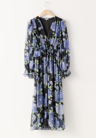 Frill langermet chiffong midikjole