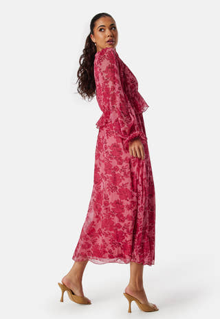 Frill L/S Chiffon Midi Dress