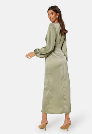 L/S wrap satin midi dress