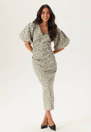 Puff Sleeve Jacquard Midi Dress