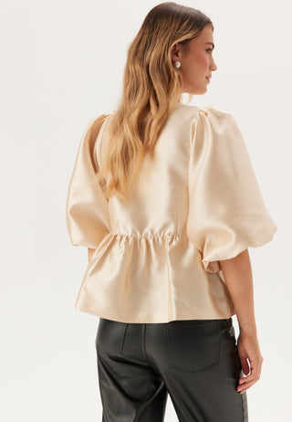 Puff Sleeve Peplum Satin Blouse