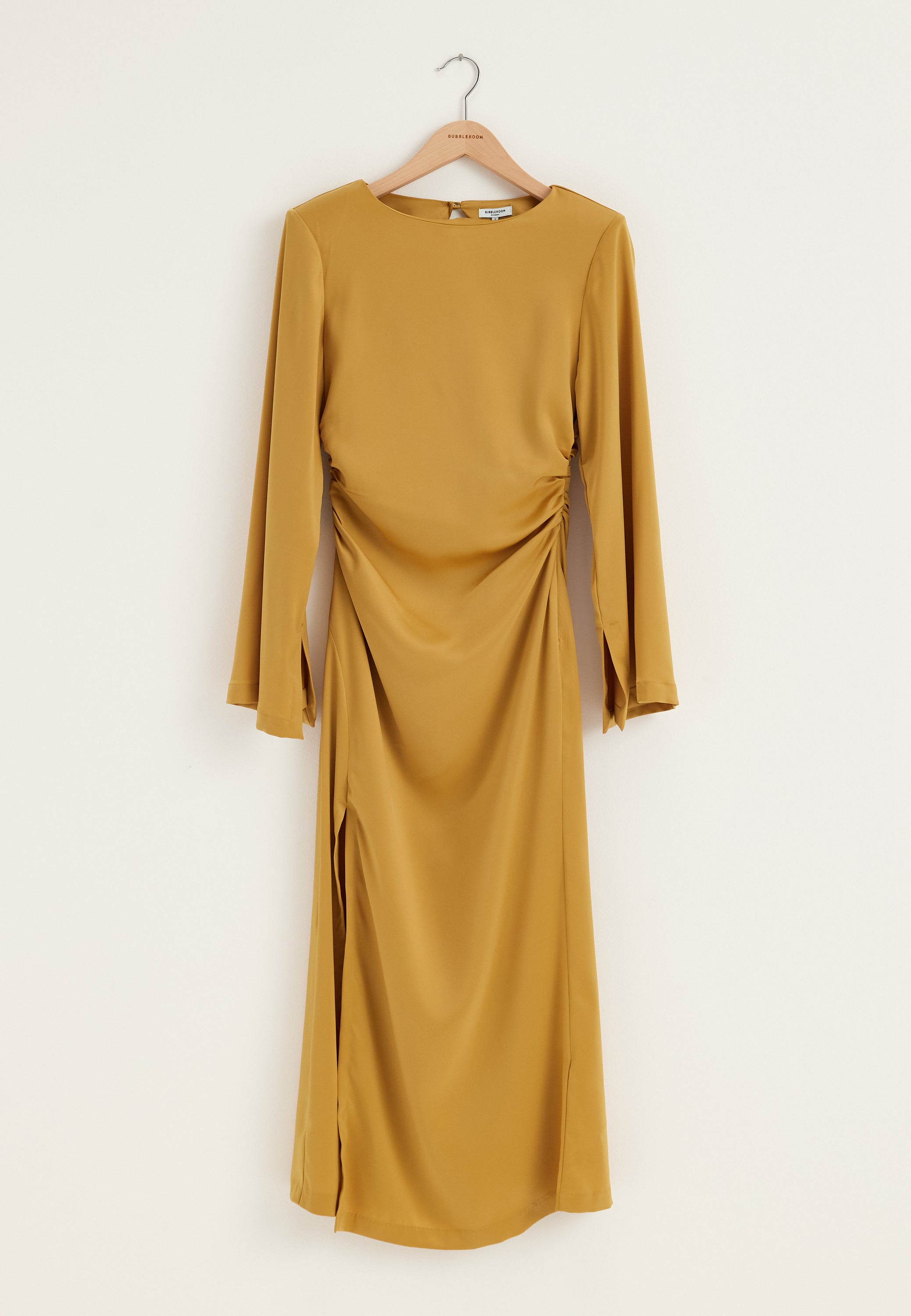 gold satin maxi dress long sleeve Moa mattsson x bubbleroom – Ruched Satin Maxi Dress – Bridesmaid dresses –  Yellow