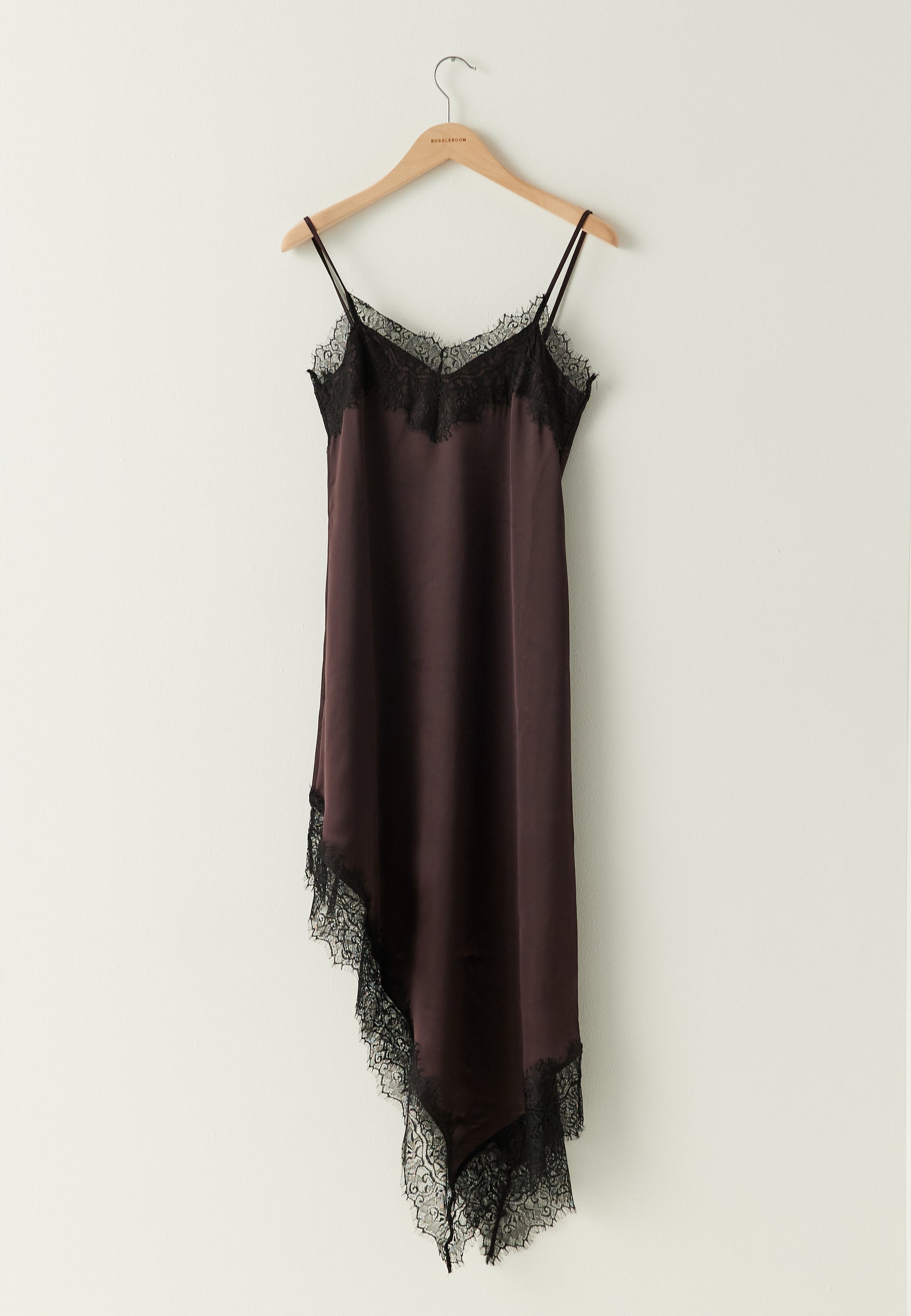 brown slip dress with black lace Lace Trim Satin Midi Slip Dress