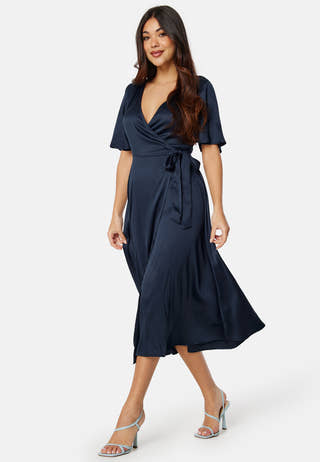 Butterfly Sleeve Wrap Satin Midi Dress
