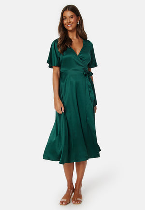 Butterfly Sleeve Wrap Satin Midi Dress