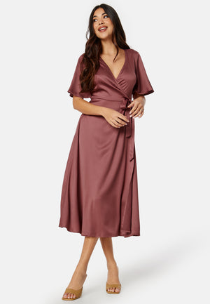 Butterfly Sleeve Wrap Satin Midi Dress