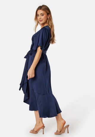 Frill Wrap Satin Midi Dress