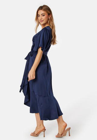 Frill Wrap Satin Midi Dress