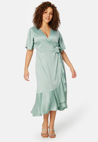 Frill Wrap Satin Midi Dress