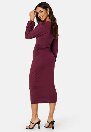 Square V-neck Puff Sleeve Midi Dress