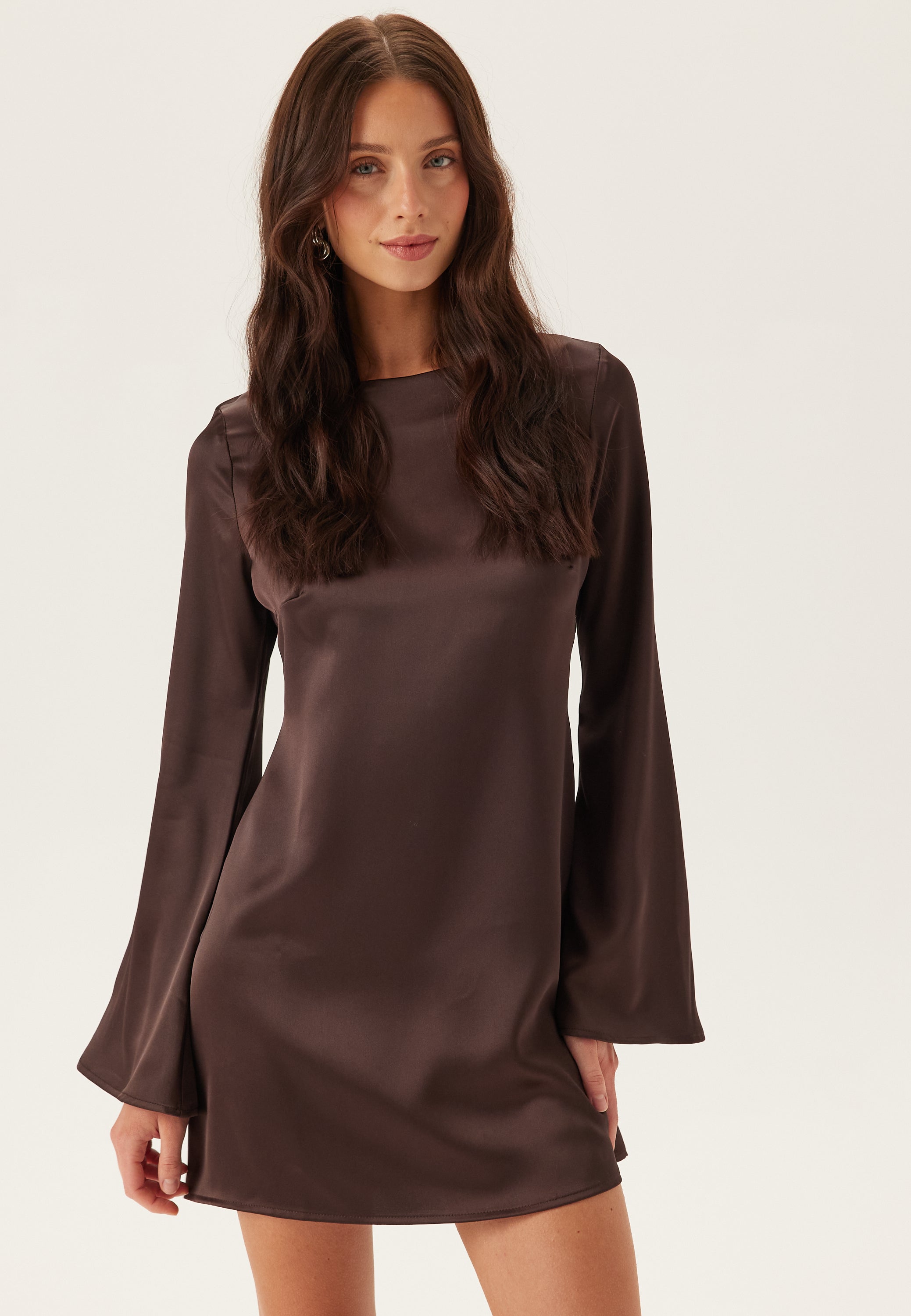 Bubbleroom Satin Trumpet Sleeve Short Dress Dresses Brown Bubbleroom Satin Trumpet Sleeve Short Dress Dresses Brown