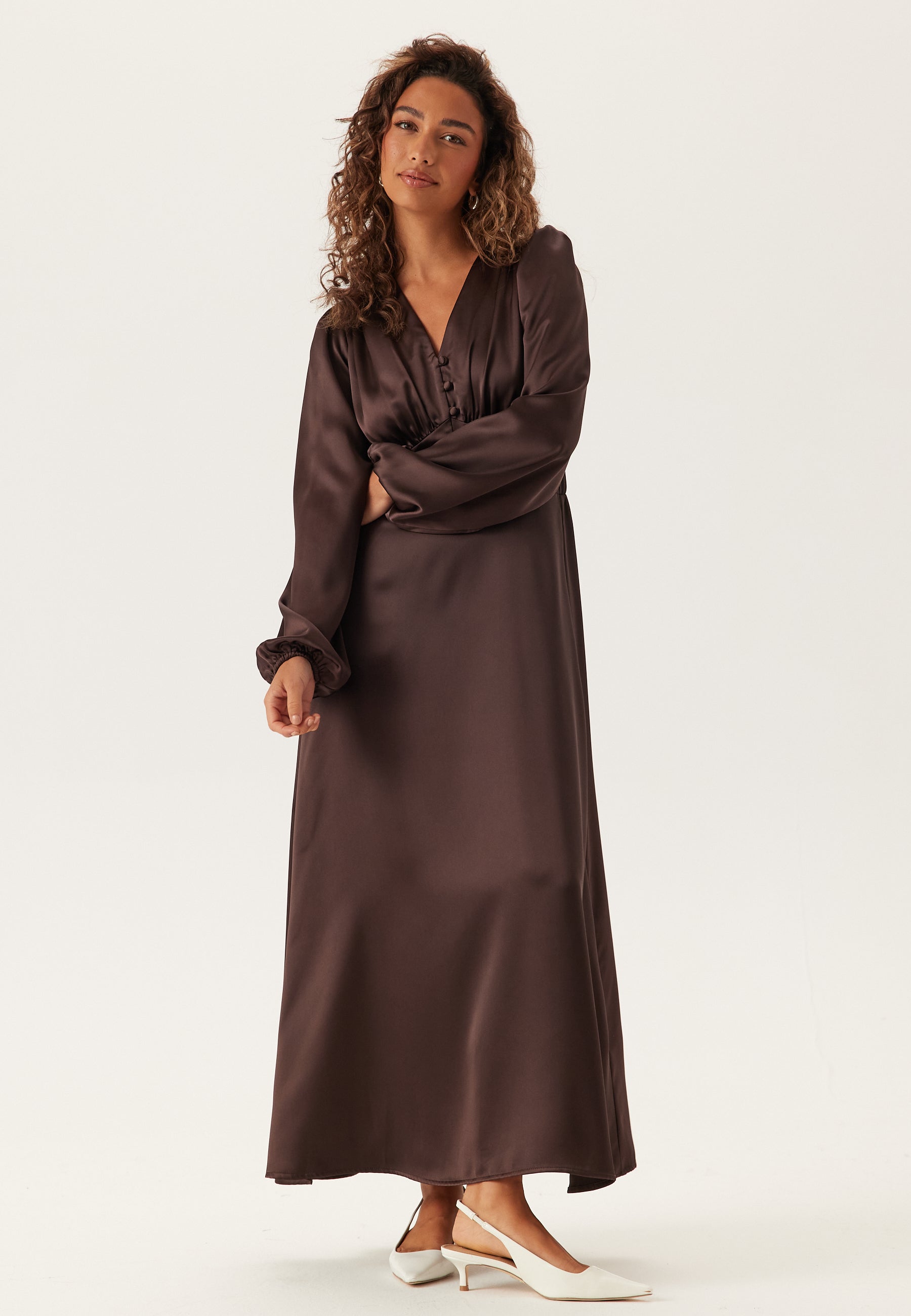 Bubbleroom Satin V-neck Maxi Dress Brown Brown Bubbleroom Satin V-neck Maxi Dress Brown Brown