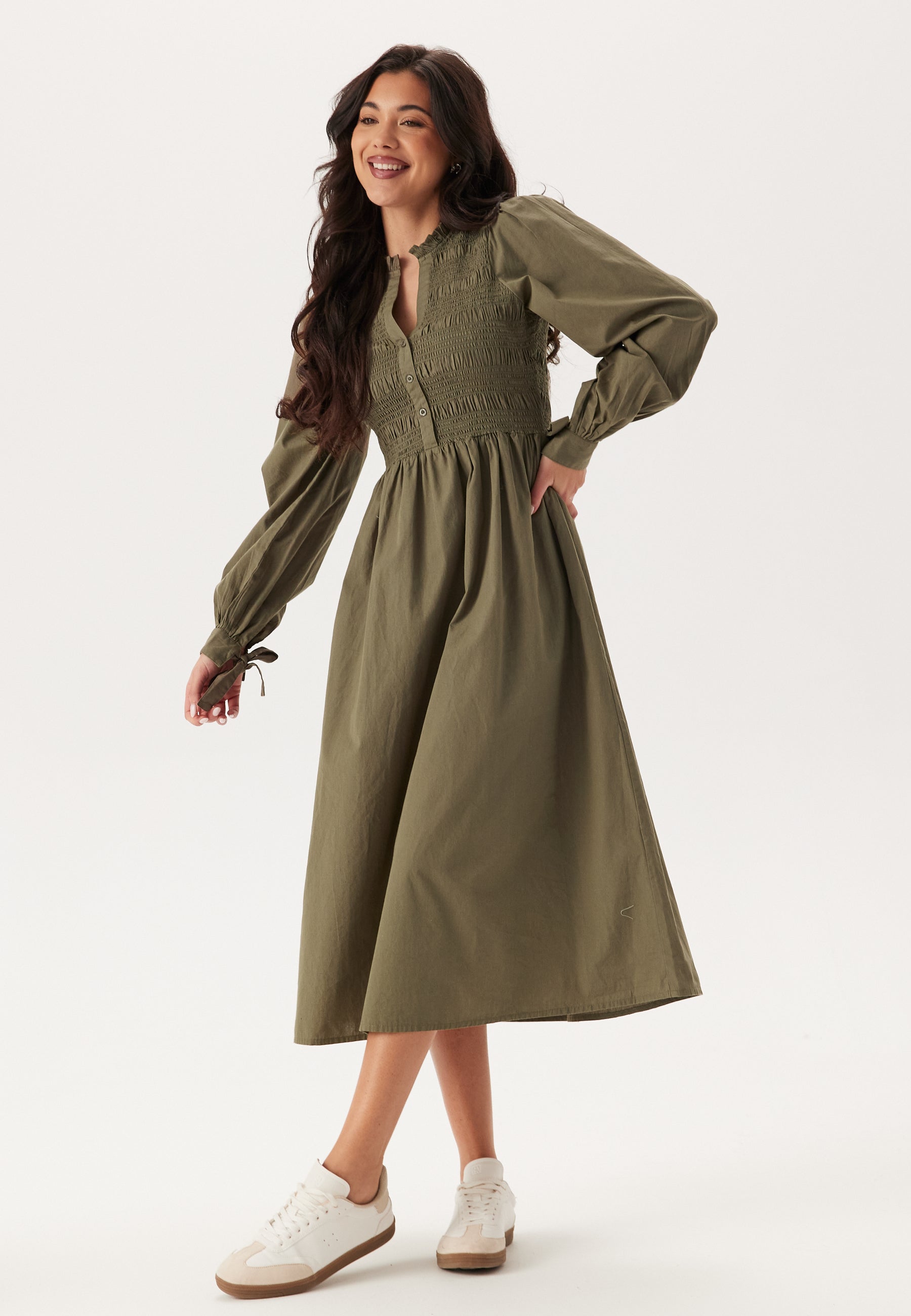 Bubbleroom  V-neck Cotton Smock Dress  campaign-outlet  Green