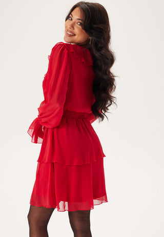 V-neck Frill L/S Chiffon Dress