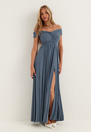 Goddiva  Bardot Rouched Maxi Split Dress  Dresses