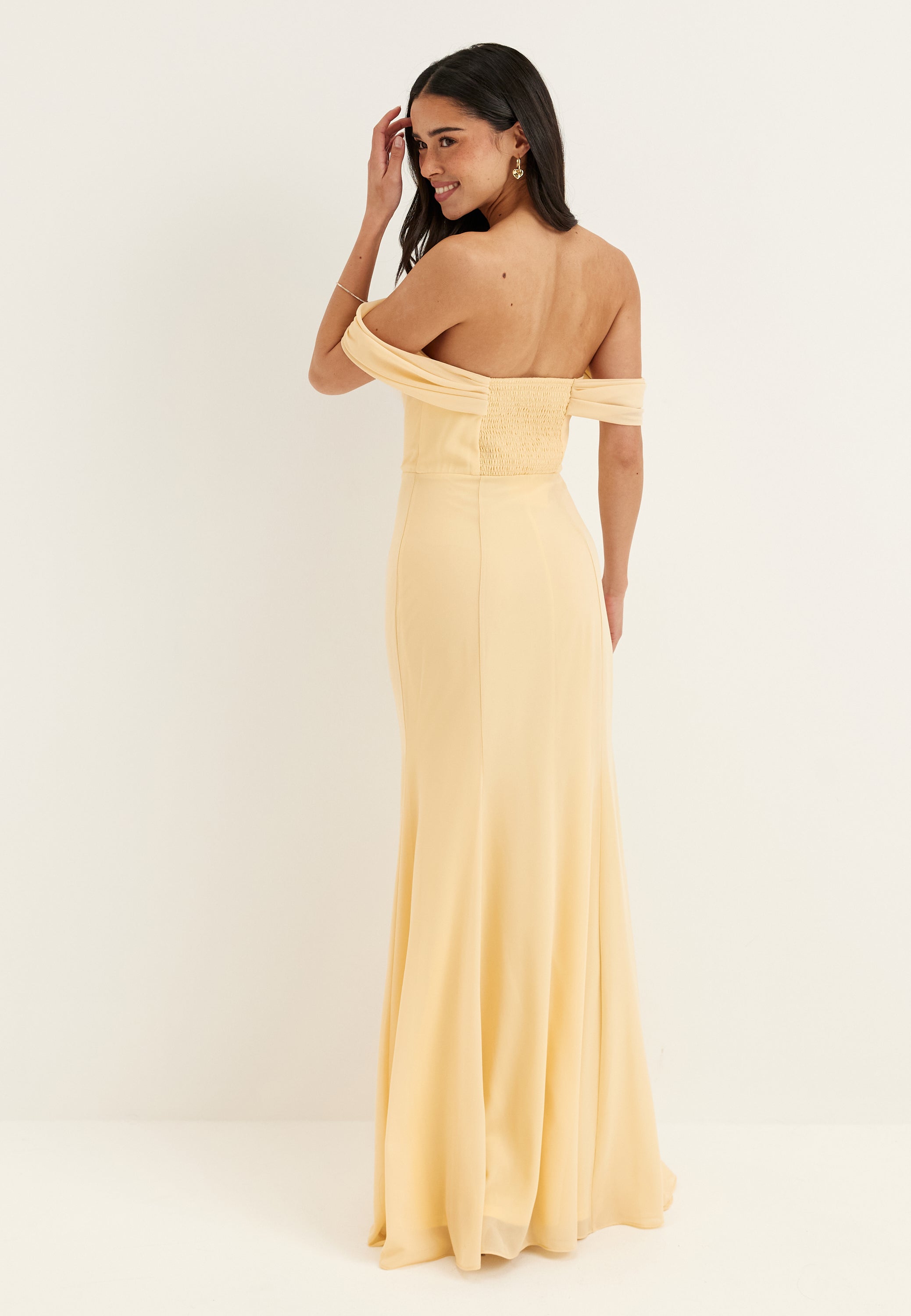 Goddiva  Chiffon Off Shoulder Maxi Dress  Bridesmaid dresses  Yellow