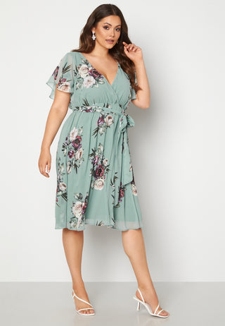 Floral Flutter Sleeve Midi Curve Dress