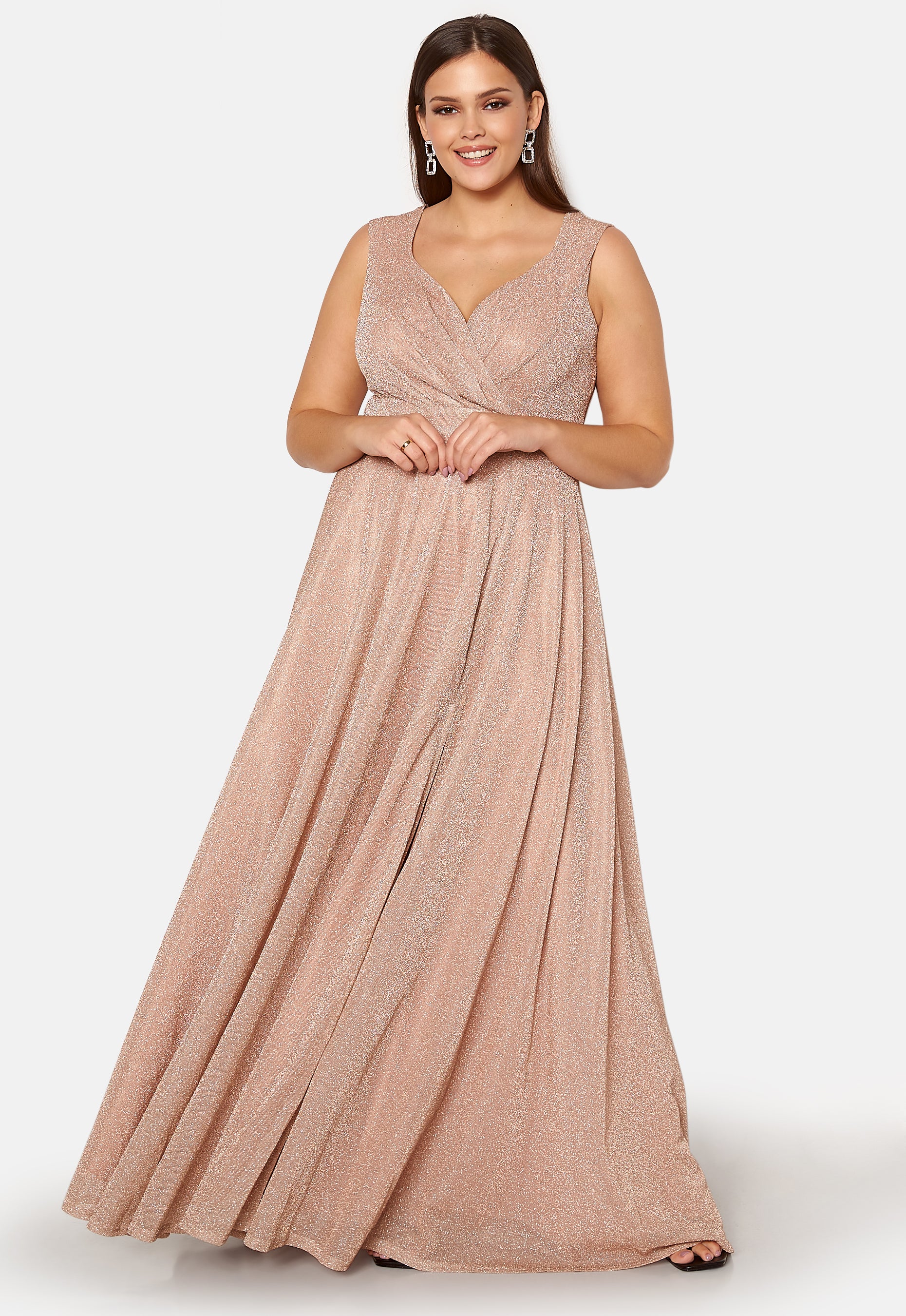 Goddiva curve Glitter Wrap Front Maxi Curve Dress With Split + SIZES Beige Goddiva curve Glitter Wrap Front Maxi Curve Dress With Split + SIZES Beige