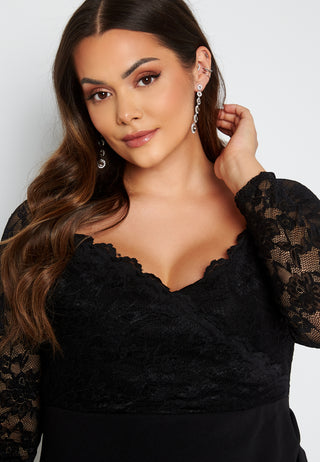 Long Sleeve Lace Trim Midi Dress