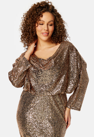 Sequin Cowl Neck Midi Dress