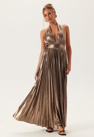 Deep V Pleated Halter Maxi Dress