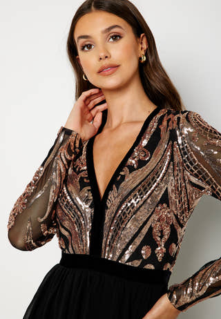 Deep V Sequin Bodice Skater Dress