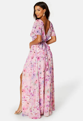 Floral Flutter Chiffon Open Back Maxi Dress