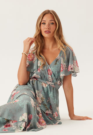 Blomstrete Maxi Kjole med Volanger