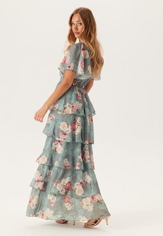 Blomstrete Maxi Kjole med Volanger