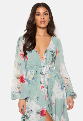 Blomstrete langermet chiffon maxikjole