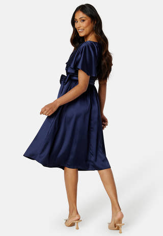 Flutter Sleeve Satin Midi Dress
