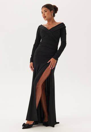 Long Sleeve Bardot Pleat Maxi With Split