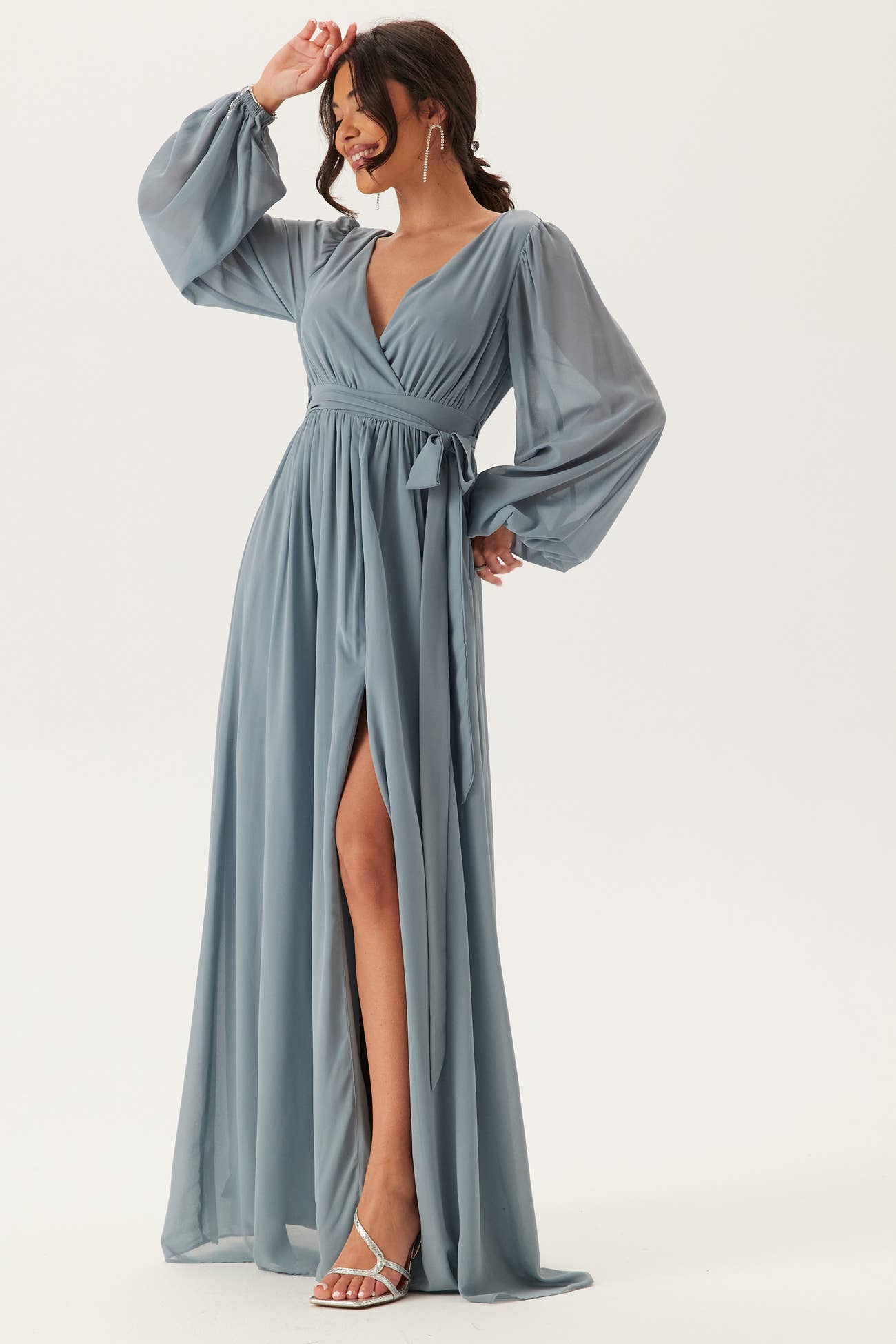 Goddiva – Long Sleeve Chiffon Dress – Blue – Blue