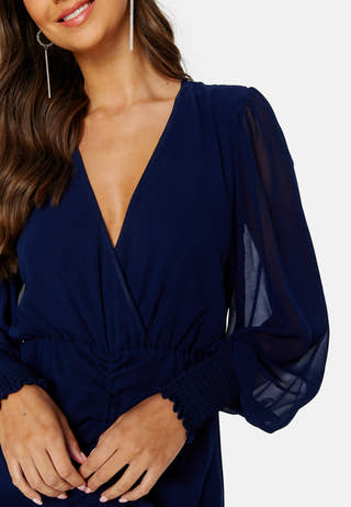 Long Sleeve Chiffon Rouched Midi Dress