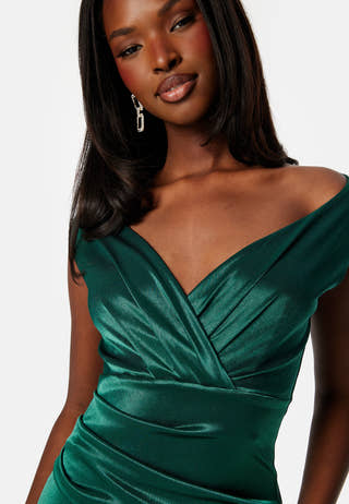 Satin Bardot Pleat Maxi Dress