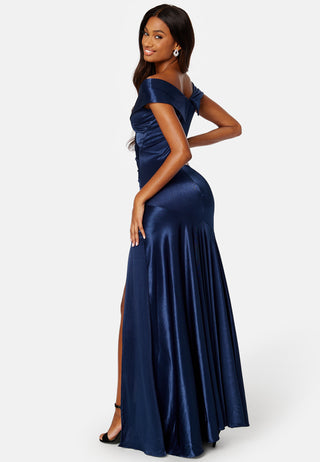 Satin Bardot Pleat Maxi With Split