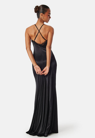 Satin Lace Trim Maxi Dress