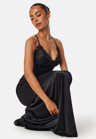 Satin Lace Trim Maxi Dress