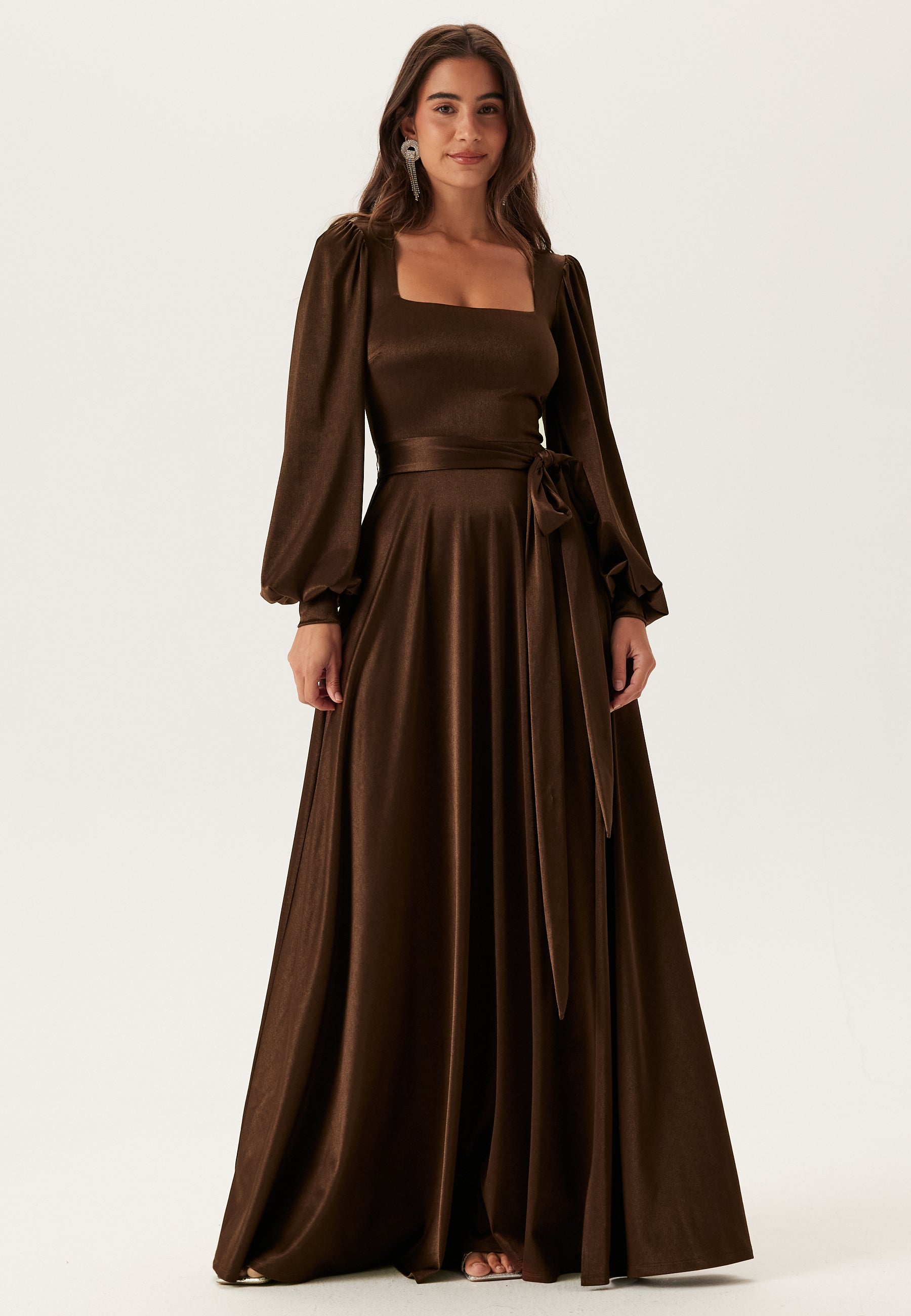 Goddiva Satin Volume Sleeve Maxi Dress Bridesmaid dresses Brown Goddiva Satin Volume Sleeve Maxi Dress Bridesmaid dresses Brown