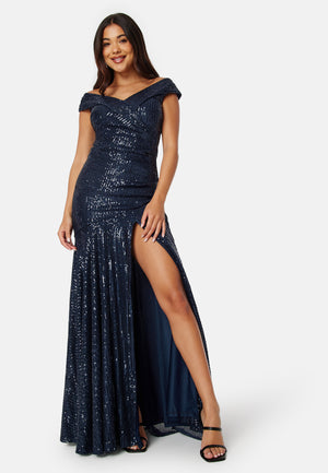 Sequin Bardot Pleat Maxi With Split