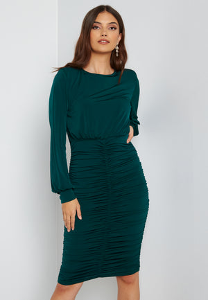 Long Sleeve Rouched Midi Dress